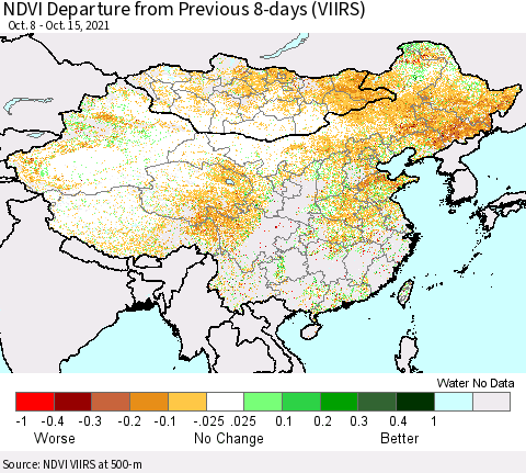 China, Mongolia and Taiwan NDVI Departure from Previous 8-days (VIIRS) Thematic Map For 10/8/2021 - 10/15/2021