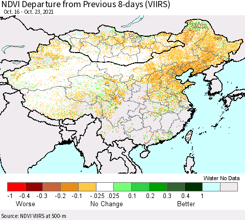 China, Mongolia and Taiwan NDVI Departure from Previous 8-days (VIIRS) Thematic Map For 10/16/2021 - 10/23/2021