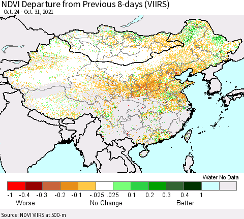 China, Mongolia and Taiwan NDVI Departure from Previous 8-days (VIIRS) Thematic Map For 10/24/2021 - 10/31/2021