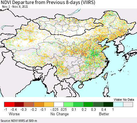 China, Mongolia and Taiwan NDVI Departure from Previous 8-days (VIIRS) Thematic Map For 11/1/2021 - 11/8/2021