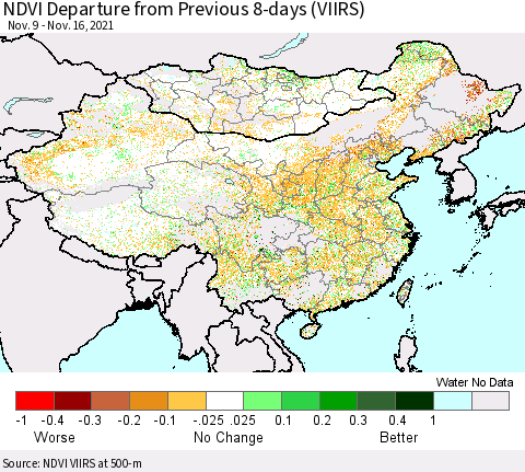 China, Mongolia and Taiwan NDVI Departure from Previous 8-days (VIIRS) Thematic Map For 11/9/2021 - 11/16/2021