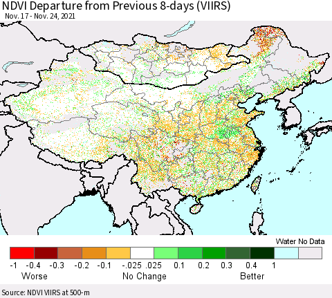 China, Mongolia and Taiwan NDVI Departure from Previous 8-days (VIIRS) Thematic Map For 11/17/2021 - 11/24/2021