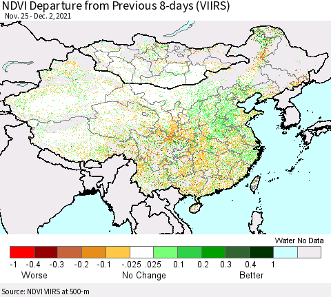 China, Mongolia and Taiwan NDVI Departure from Previous 8-days (VIIRS) Thematic Map For 11/25/2021 - 12/2/2021