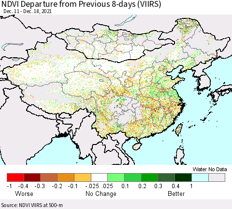 China, Mongolia and Taiwan NDVI Departure from Previous 8-days (VIIRS) Thematic Map For 12/11/2021 - 12/18/2021