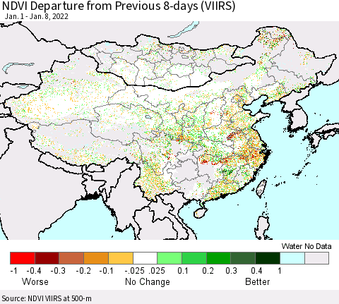 China, Mongolia and Taiwan NDVI Departure from Previous 8-days (VIIRS) Thematic Map For 1/1/2022 - 1/8/2022