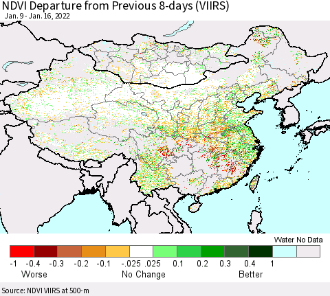 China, Mongolia and Taiwan NDVI Departure from Previous 8-days (VIIRS) Thematic Map For 1/9/2022 - 1/16/2022