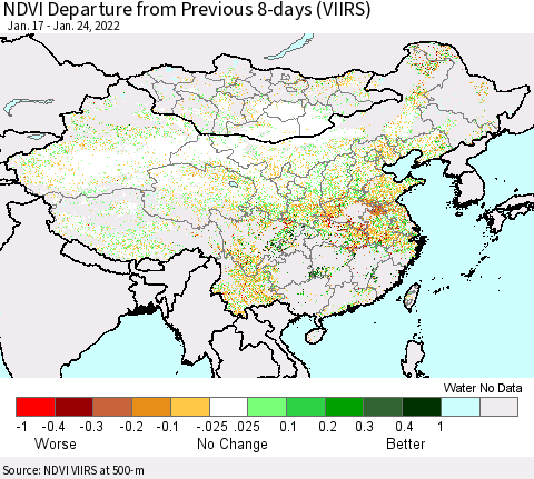 China, Mongolia and Taiwan NDVI Departure from Previous 8-days (VIIRS) Thematic Map For 1/17/2022 - 1/24/2022