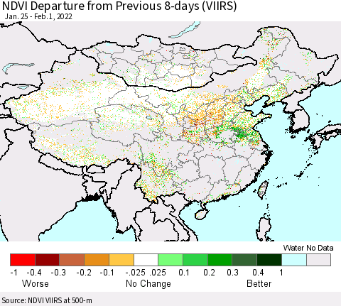 China, Mongolia and Taiwan NDVI Departure from Previous 8-days (VIIRS) Thematic Map For 1/25/2022 - 2/1/2022