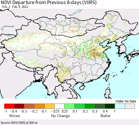 China, Mongolia and Taiwan NDVI Departure from Previous 8-days (VIIRS) Thematic Map For 2/2/2022 - 2/9/2022