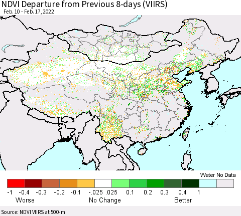 China, Mongolia and Taiwan NDVI Departure from Previous 8-days (VIIRS) Thematic Map For 2/10/2022 - 2/17/2022