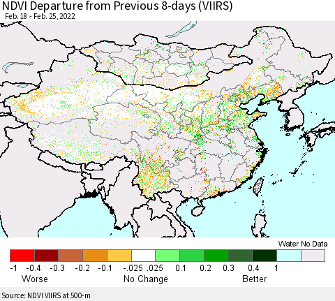 China, Mongolia and Taiwan NDVI Departure from Previous 8-days (VIIRS) Thematic Map For 2/18/2022 - 2/25/2022