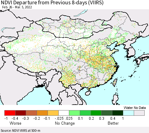 China, Mongolia and Taiwan NDVI Departure from Previous 8-days (VIIRS) Thematic Map For 2/26/2022 - 3/5/2022