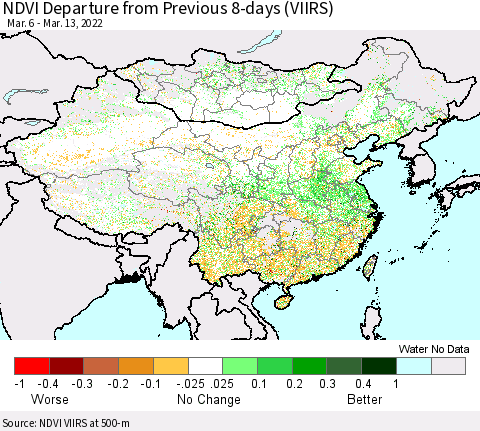 China, Mongolia and Taiwan NDVI Departure from Previous 8-days (VIIRS) Thematic Map For 3/6/2022 - 3/13/2022