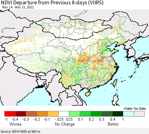 China, Mongolia and Taiwan NDVI Departure from Previous 8-days (VIIRS) Thematic Map For 3/14/2022 - 3/21/2022