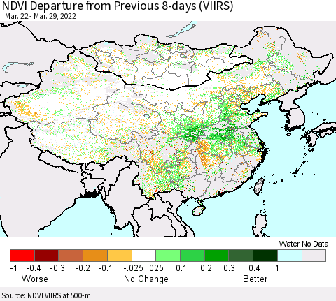 China, Mongolia and Taiwan NDVI Departure from Previous 8-days (VIIRS) Thematic Map For 3/22/2022 - 3/29/2022