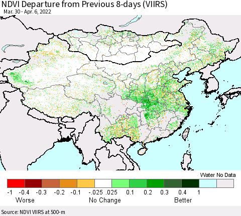 China, Mongolia and Taiwan NDVI Departure from Previous 8-days (VIIRS) Thematic Map For 3/30/2022 - 4/6/2022