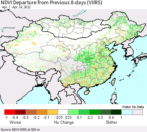 China, Mongolia and Taiwan NDVI Departure from Previous 8-days (VIIRS) Thematic Map For 4/7/2022 - 4/14/2022