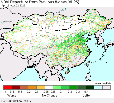 China, Mongolia and Taiwan NDVI Departure from Previous 8-days (VIIRS) Thematic Map For 4/15/2022 - 4/22/2022
