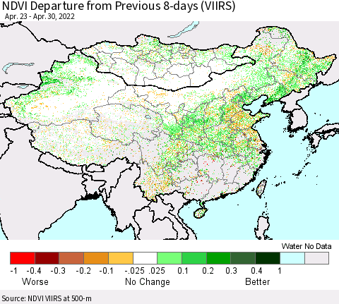 China, Mongolia and Taiwan NDVI Departure from Previous 8-days (VIIRS) Thematic Map For 4/23/2022 - 4/30/2022
