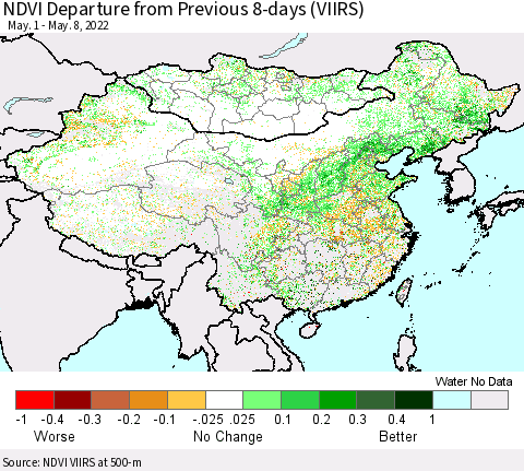China, Mongolia and Taiwan NDVI Departure from Previous 8-days (VIIRS) Thematic Map For 5/1/2022 - 5/8/2022