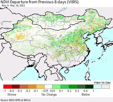 China, Mongolia and Taiwan NDVI Departure from Previous 8-days (VIIRS) Thematic Map For 5/9/2022 - 5/16/2022