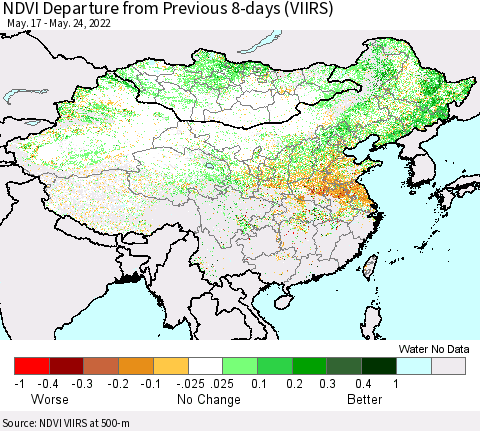 China, Mongolia and Taiwan NDVI Departure from Previous 8-days (VIIRS) Thematic Map For 5/17/2022 - 5/24/2022