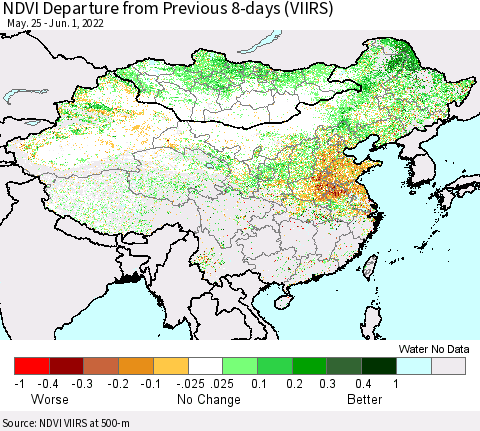 China, Mongolia and Taiwan NDVI Departure from Previous 8-days (VIIRS) Thematic Map For 5/25/2022 - 6/1/2022