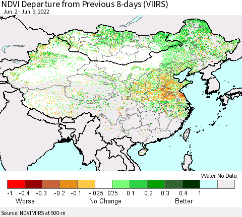 China, Mongolia and Taiwan NDVI Departure from Previous 8-days (VIIRS) Thematic Map For 6/2/2022 - 6/9/2022