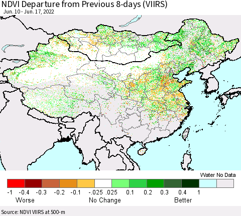 China, Mongolia and Taiwan NDVI Departure from Previous 8-days (VIIRS) Thematic Map For 6/10/2022 - 6/17/2022