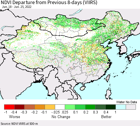 China, Mongolia and Taiwan NDVI Departure from Previous 8-days (VIIRS) Thematic Map For 6/18/2022 - 6/25/2022