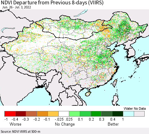 China, Mongolia and Taiwan NDVI Departure from Previous 8-days (VIIRS) Thematic Map For 6/26/2022 - 7/3/2022