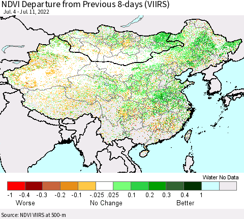 China, Mongolia and Taiwan NDVI Departure from Previous 8-days (VIIRS) Thematic Map For 7/4/2022 - 7/11/2022