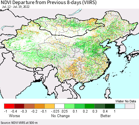 China, Mongolia and Taiwan NDVI Departure from Previous 8-days (VIIRS) Thematic Map For 7/12/2022 - 7/19/2022