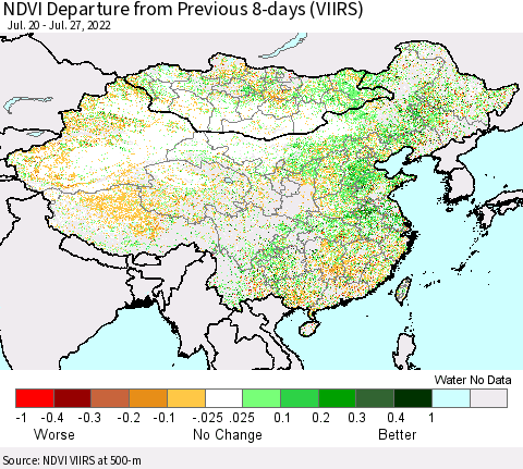 China, Mongolia and Taiwan NDVI Departure from Previous 8-days (VIIRS) Thematic Map For 7/20/2022 - 7/27/2022