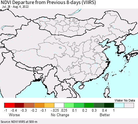China, Mongolia and Taiwan NDVI Departure from Previous 8-days (VIIRS) Thematic Map For 7/28/2022 - 8/4/2022