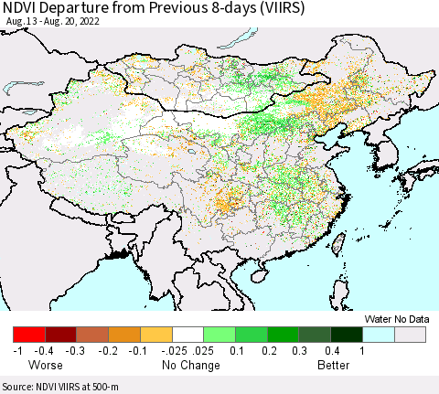 China, Mongolia and Taiwan NDVI Departure from Previous 8-days (VIIRS) Thematic Map For 8/13/2022 - 8/20/2022