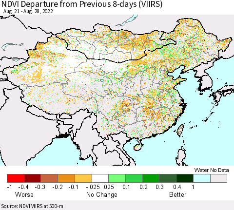 China, Mongolia and Taiwan NDVI Departure from Previous 8-days (VIIRS) Thematic Map For 8/21/2022 - 8/28/2022