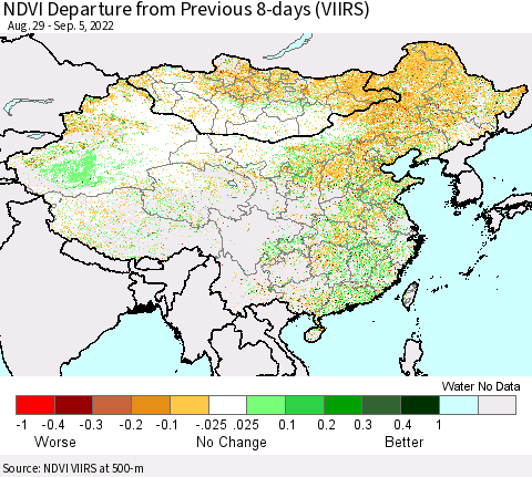 China, Mongolia and Taiwan NDVI Departure from Previous 8-days (VIIRS) Thematic Map For 8/29/2022 - 9/5/2022