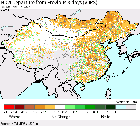 China, Mongolia and Taiwan NDVI Departure from Previous 8-days (VIIRS) Thematic Map For 9/6/2022 - 9/13/2022