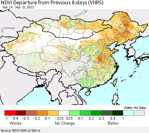 China, Mongolia and Taiwan NDVI Departure from Previous 8-days (VIIRS) Thematic Map For 9/14/2022 - 9/21/2022