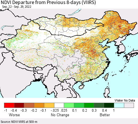 China, Mongolia and Taiwan NDVI Departure from Previous 8-days (VIIRS) Thematic Map For 9/22/2022 - 9/29/2022