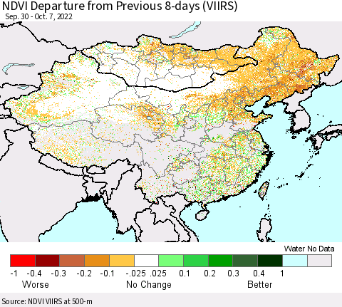 China, Mongolia and Taiwan NDVI Departure from Previous 8-days (VIIRS) Thematic Map For 9/30/2022 - 10/7/2022