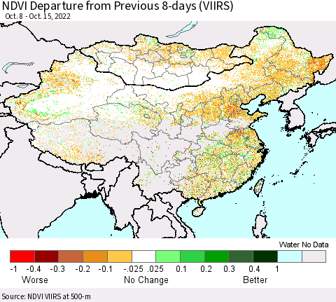 China, Mongolia and Taiwan NDVI Departure from Previous 8-days (VIIRS) Thematic Map For 10/8/2022 - 10/15/2022