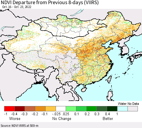 China, Mongolia and Taiwan NDVI Departure from Previous 8-days (VIIRS) Thematic Map For 10/16/2022 - 10/23/2022
