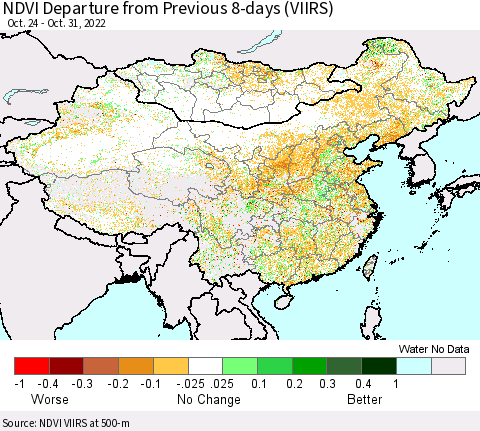 China, Mongolia and Taiwan NDVI Departure from Previous 8-days (VIIRS) Thematic Map For 10/24/2022 - 10/31/2022