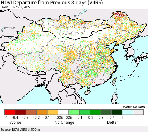 China, Mongolia and Taiwan NDVI Departure from Previous 8-days (VIIRS) Thematic Map For 11/1/2022 - 11/8/2022