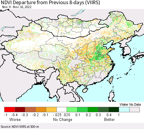 China, Mongolia and Taiwan NDVI Departure from Previous 8-days (VIIRS) Thematic Map For 11/9/2022 - 11/16/2022