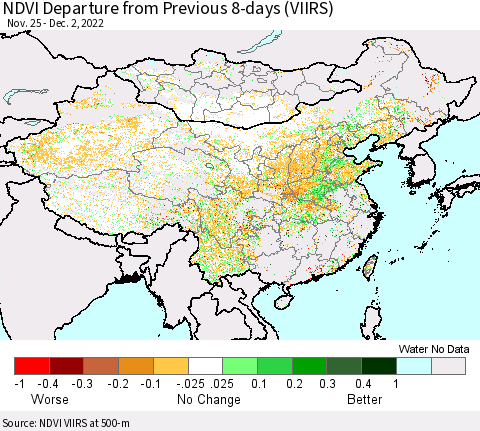 China, Mongolia and Taiwan NDVI Departure from Previous 8-days (VIIRS) Thematic Map For 11/25/2022 - 12/2/2022