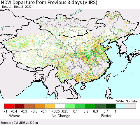 China, Mongolia and Taiwan NDVI Departure from Previous 8-days (VIIRS) Thematic Map For 12/11/2022 - 12/18/2022