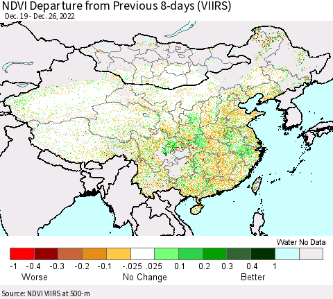China, Mongolia and Taiwan NDVI Departure from Previous 8-days (VIIRS) Thematic Map For 12/19/2022 - 12/26/2022